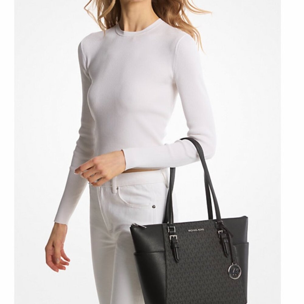 Michael Kors Charlotte‎ Signature Logo Tote Bag Large Black Leather Zip Top NWT